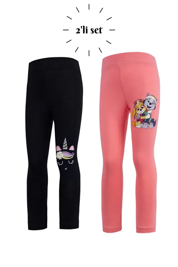 Детский комплект леггинсов для девочек с принтом Unicorn Embroidered Black - Paw Patrol Skye And Everest Printed Pink 2-Piece Tights Set Mama And Miel, Black-Pink