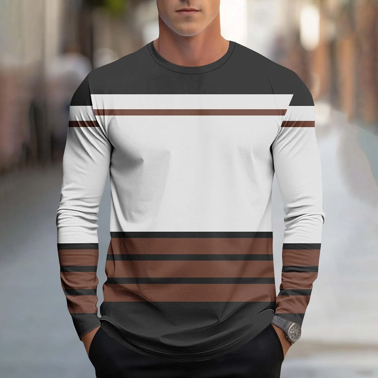 Мужская футболка с длинным рукавом и полосками Crewneck, Brown — фото 2