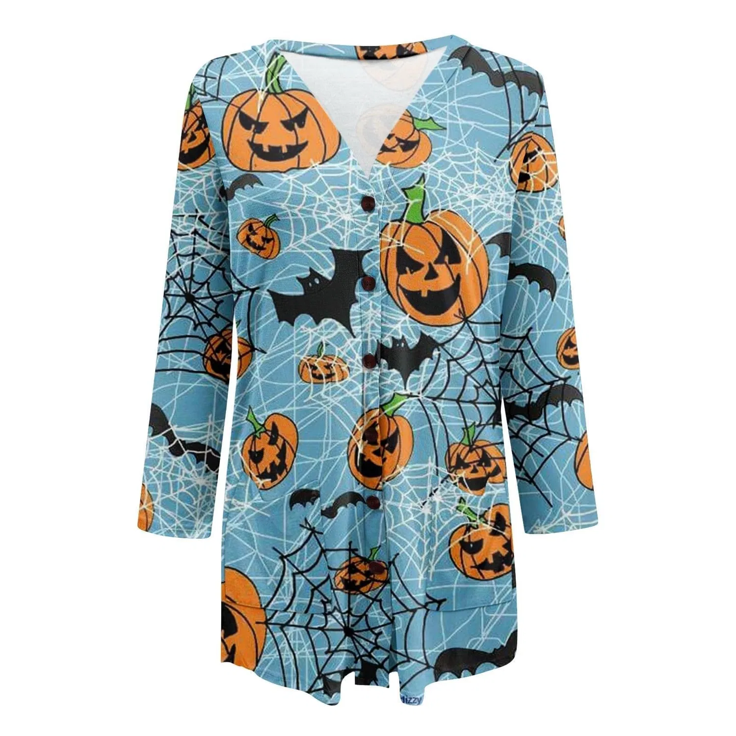 Женский кардиган с принтом Costume di Halloween, motivo zucca con pipistrello, 2-blu Cielo — фото 4