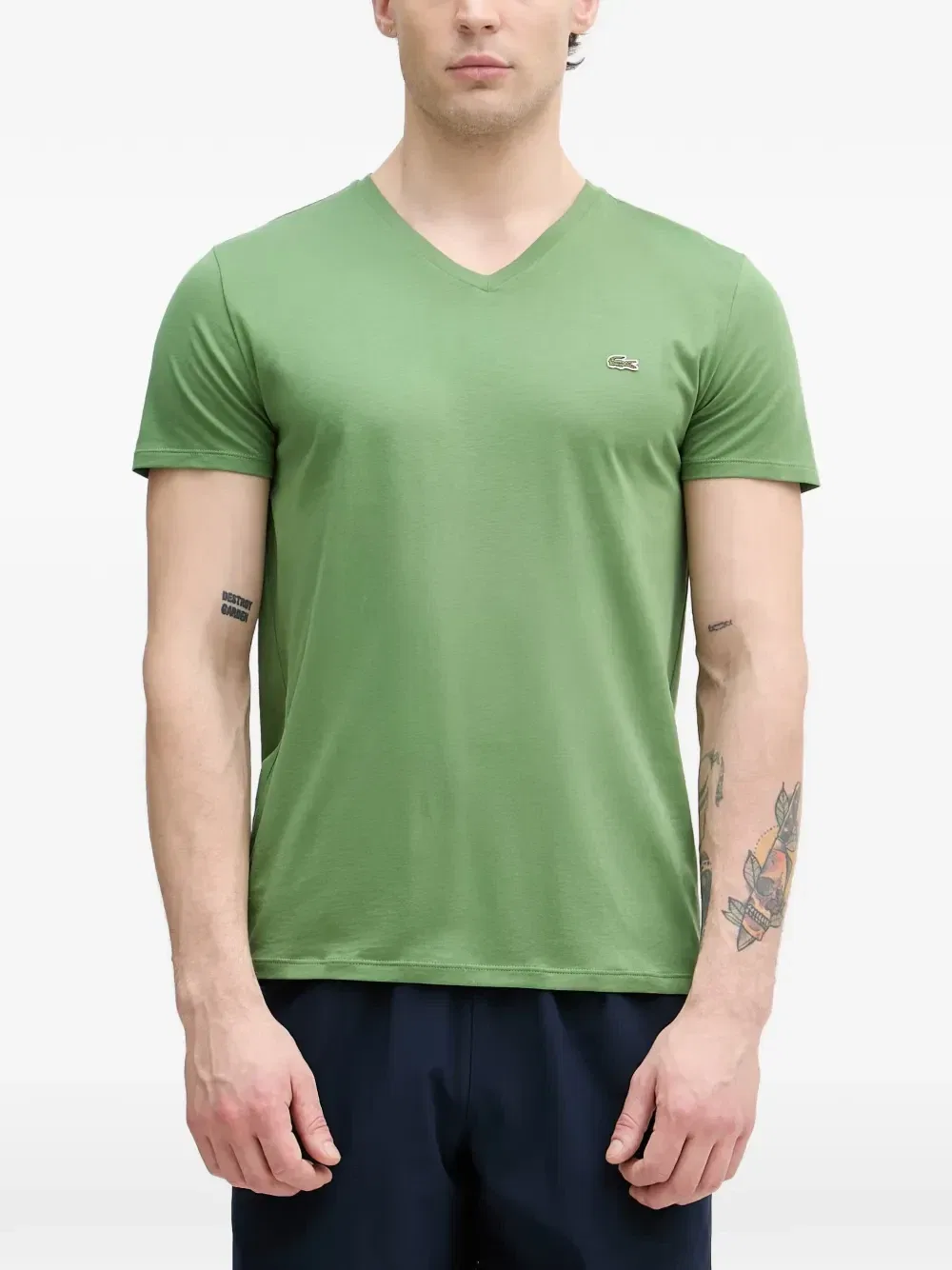 Футболка Lacoste V-образный вырез с нашивкой-логотипом, хлопок 100%, зеленый