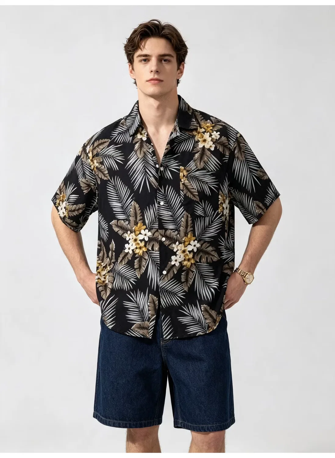 Рубашка с коротким рукавом и тропическим принтом Zara, черный — фото 3