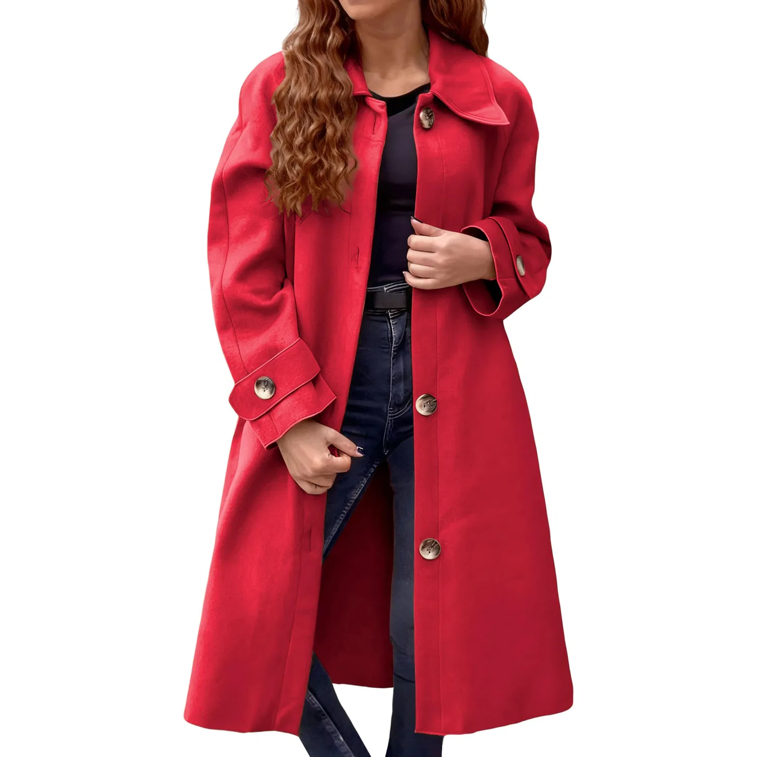 Женское зимнее пальто однобортное с карманами, Red