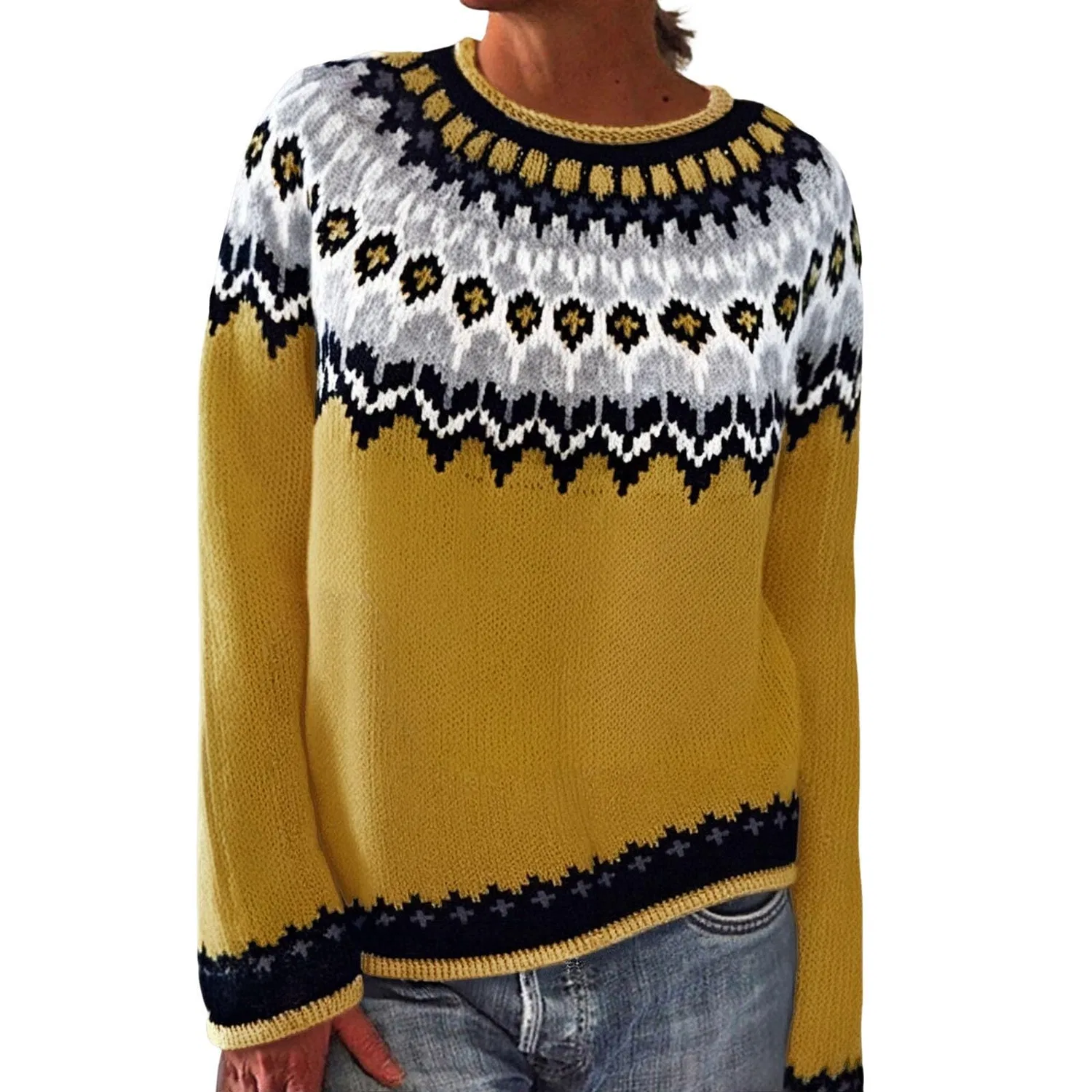 Женский свитер с нордическим узором Fairisle Wool Long Sleeve, Yellow