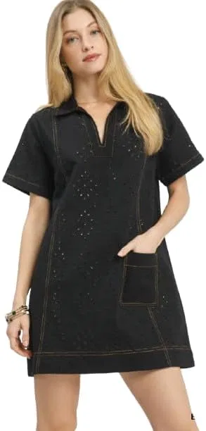 Женское платье-сдвиг с вышивкой Eyelet Short Sleeve Shift Dress, Black