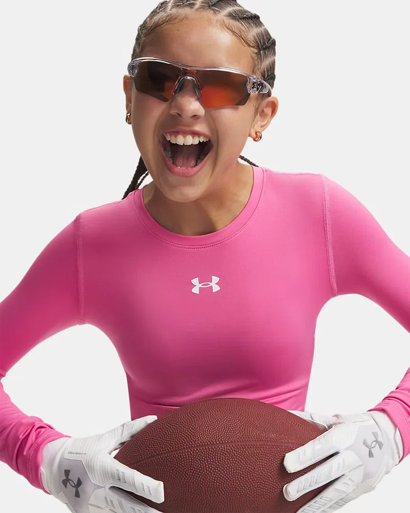 Футболка с длинным рукавом для девочек влагоотводящая HeatGear UnderArmour, Pink Frenzy/White — фото 3