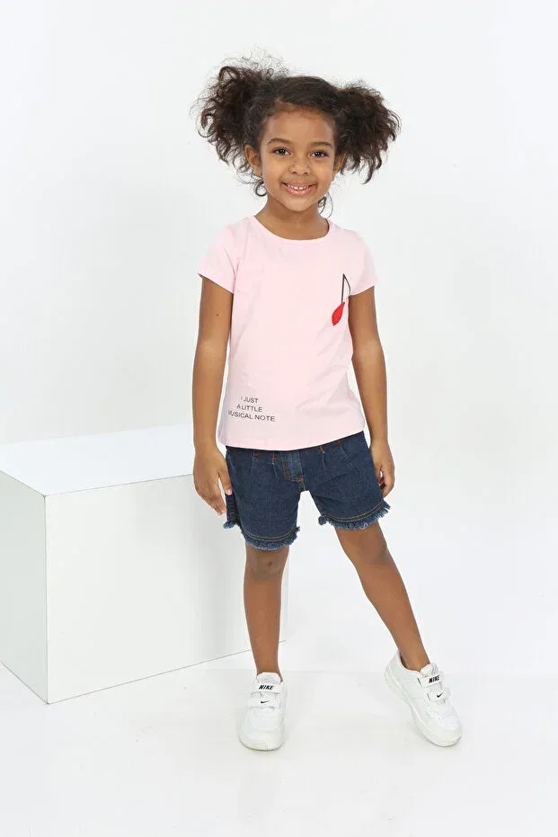 Детская футболка для девочек с принтом Embroidered Chest Musical Note Printed T-Shirt Toontoy, Light Pink