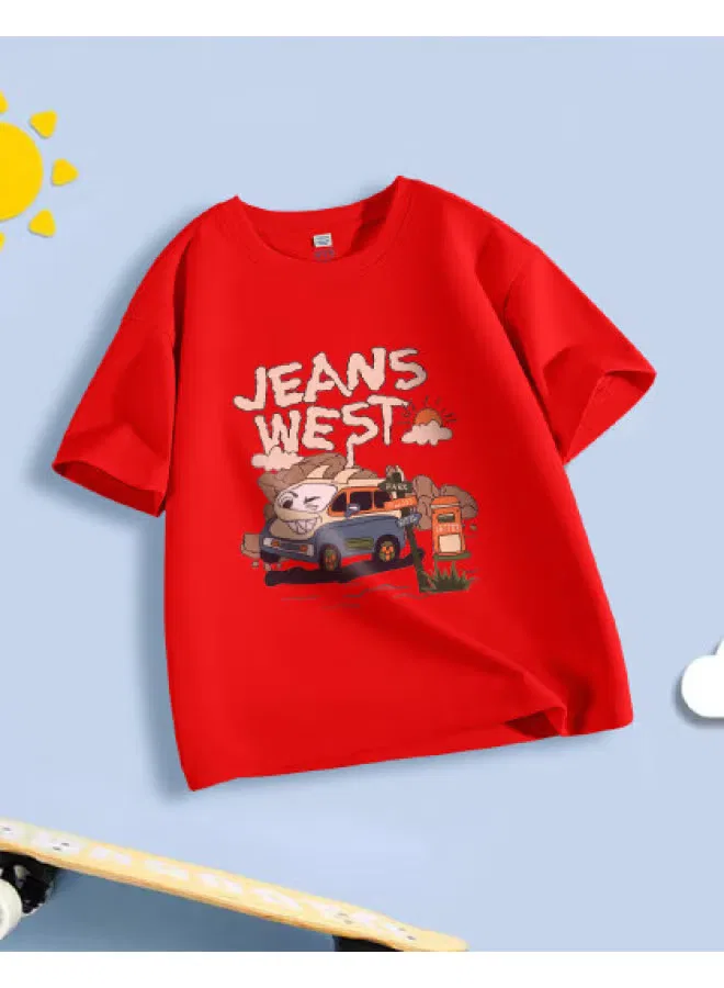 Футболка с принтом машинки хлопковая для мальчиков Jeanswest, красный