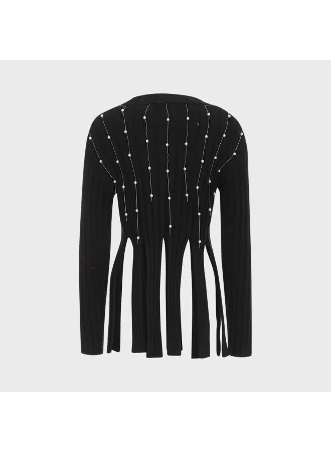 Свитер с полузакрытым воротом и бахромой из жемчуга Zara, черный — фото 3