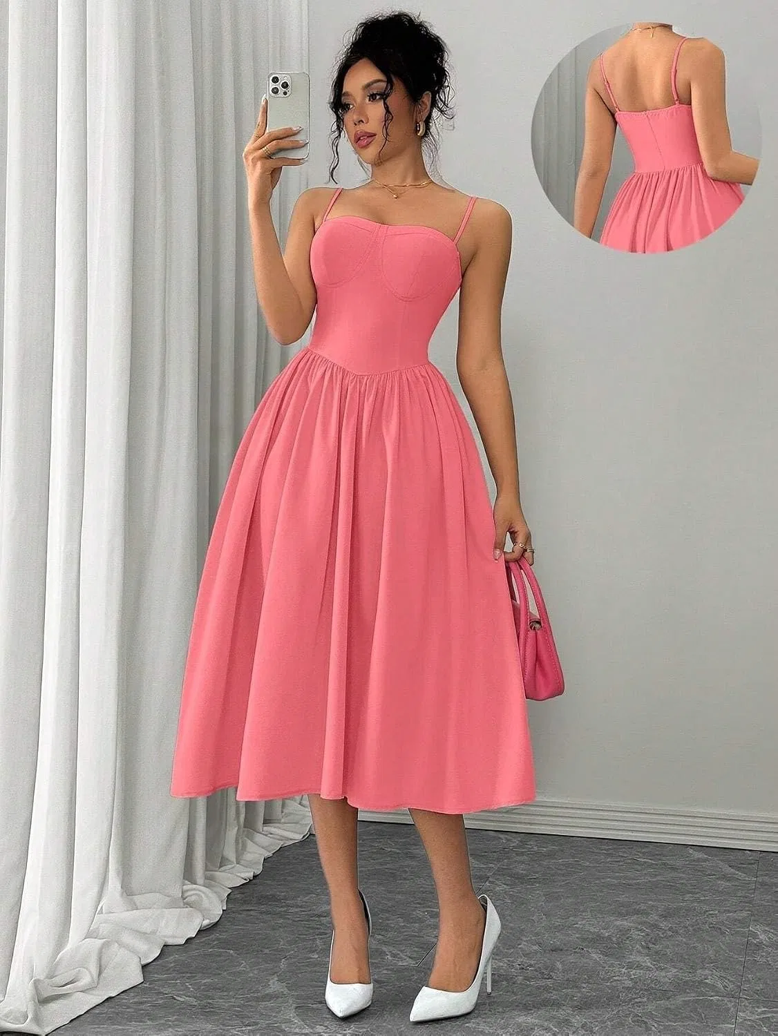 Женское элегантное платье миди с открытой спиной на тонких бретелях, Watermelon Pink — фото 2