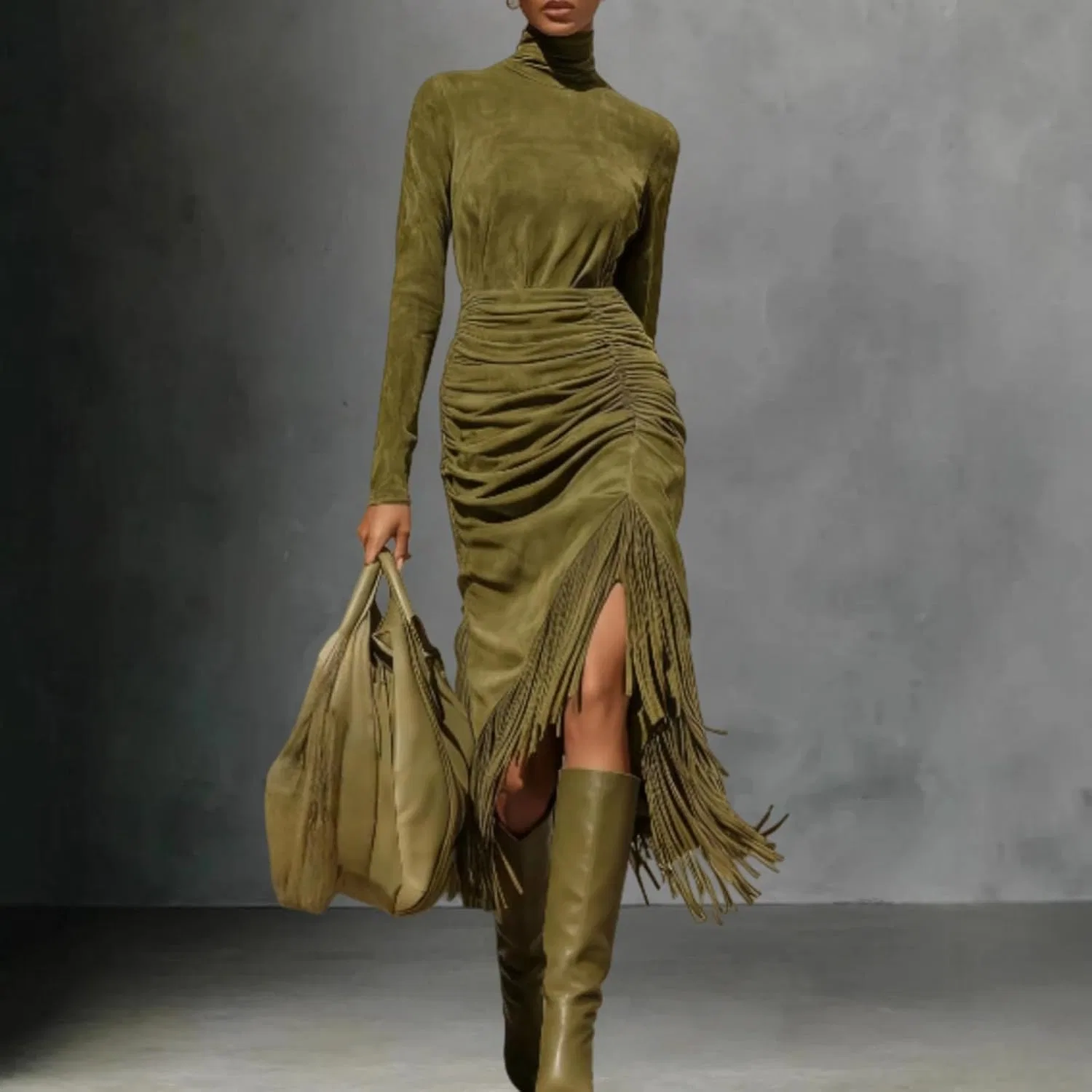 Женское платье миди с бахромой и асимметричным подолом, Olive Green — фото 2
