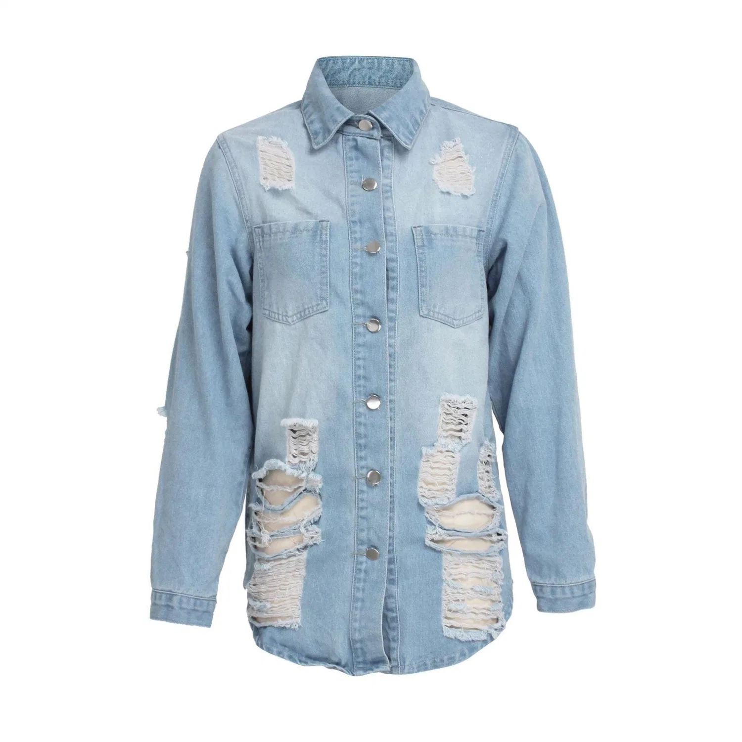 Женская джинсовая куртка с длинным рукавом, потертая, Baby blue light — фото 3