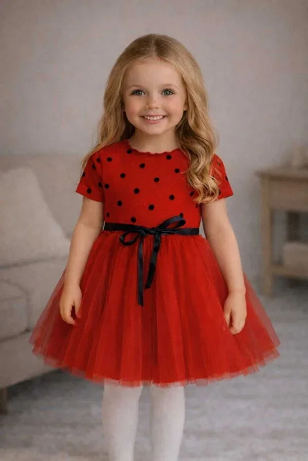 Детское платье для девочек с принтом Linda short sleeve girl princess fluffy al red polka dot flexible lycra tulle tutu dress Şirin Şeyler Butiği, Al Red