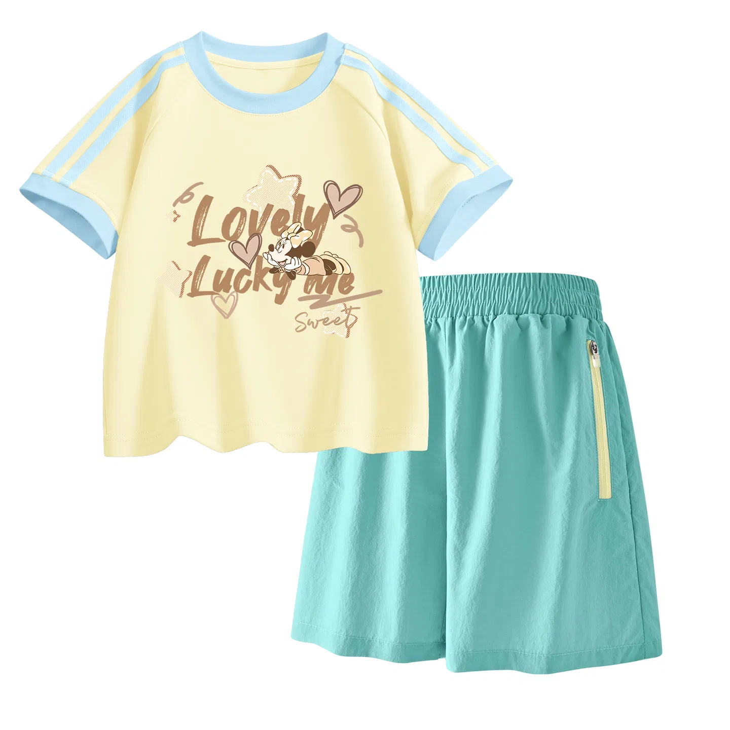 Детская повседневная спортивная футболка с круглым вырезом Disney, Di Cotton Star Honey+Solid Color Mint Green