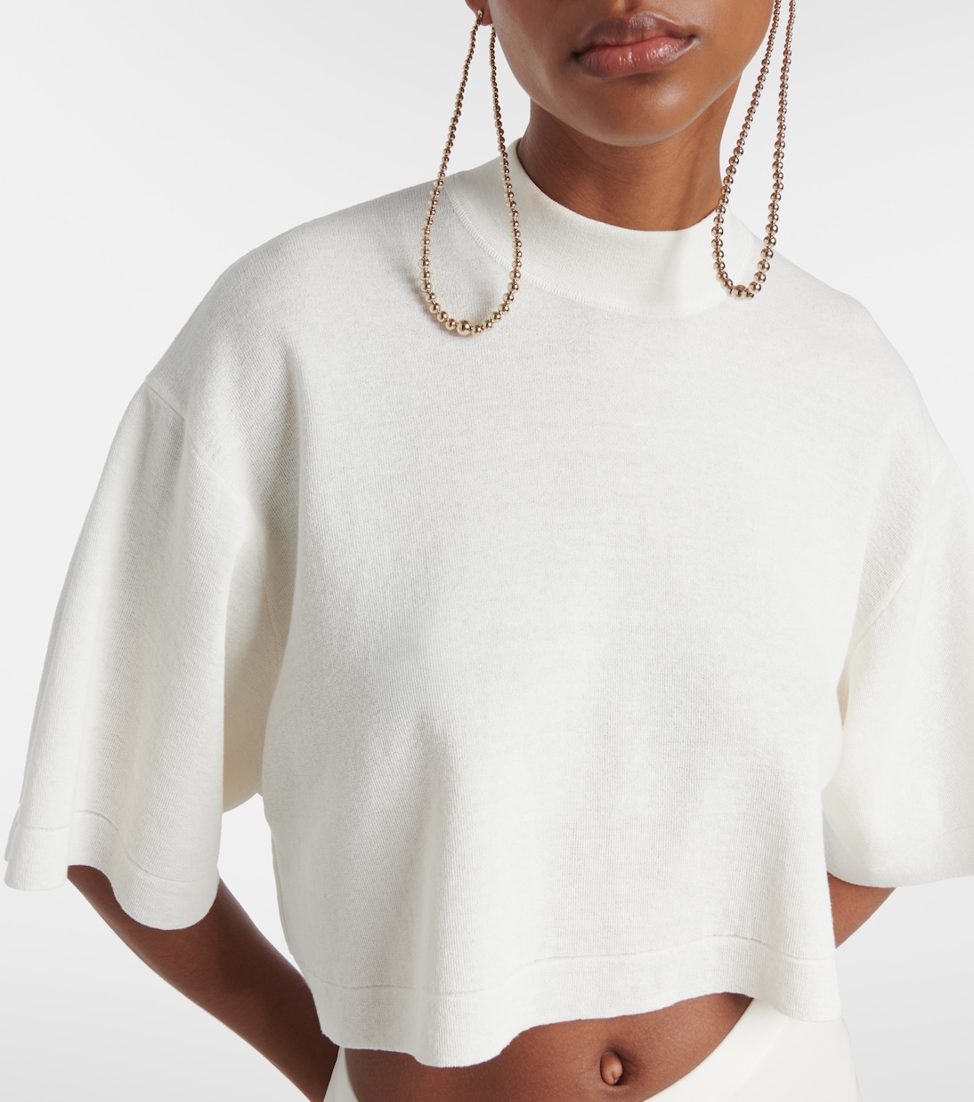 Укороченная футболка из смеси хлопка и шерсти Alaïa, Blanc — фото 4