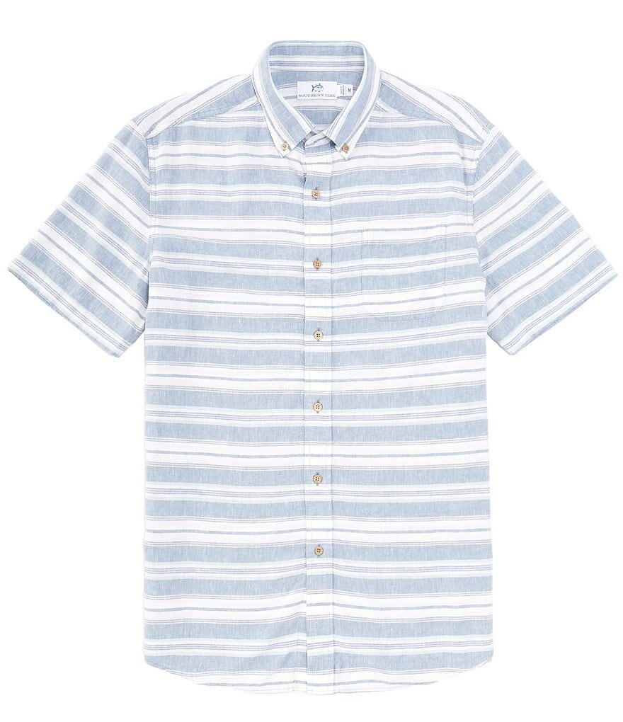 

Рубашка из льна и вискозы с короткими рукавами в полоску Southern Tide Timmonsok, синий