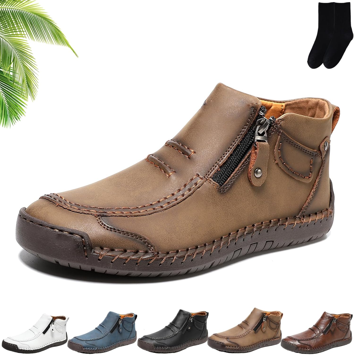 

Мужские удобные сандалии для вождения из ручной работы из кожи с боковой молнией, мужская обувь ручной работы с ортопедической стелькой, повседневные удобные средние ботинки на плоской подошве с поддержкой свода стопы Xylawave, хаки