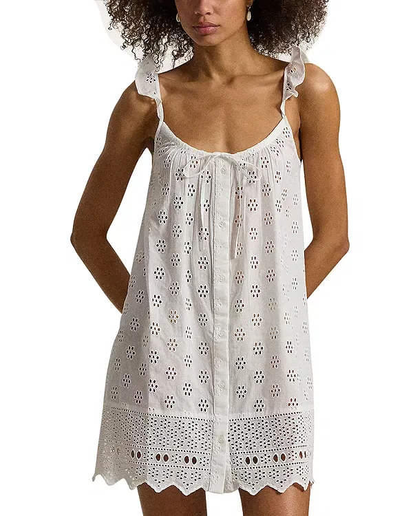 Женское платье-комбинация с вышивкой Eyelet Cami Slip Dress Polo Ralph Lauren, White Cloud — фото 3