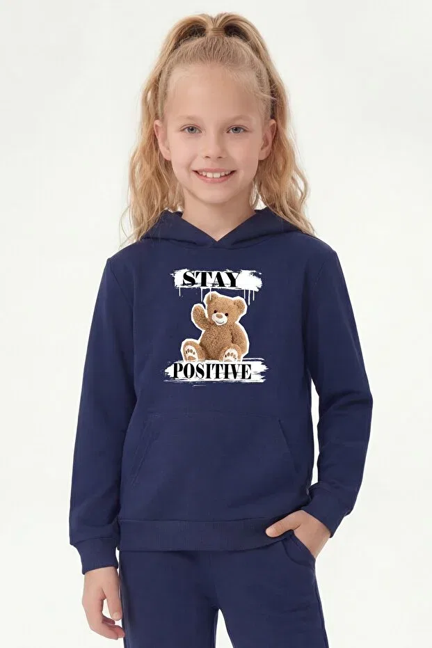 Детское худи с принтом Kangaroo pocket hooded print detailed girls' kangaroo top Panios Kids, Navy Blue
