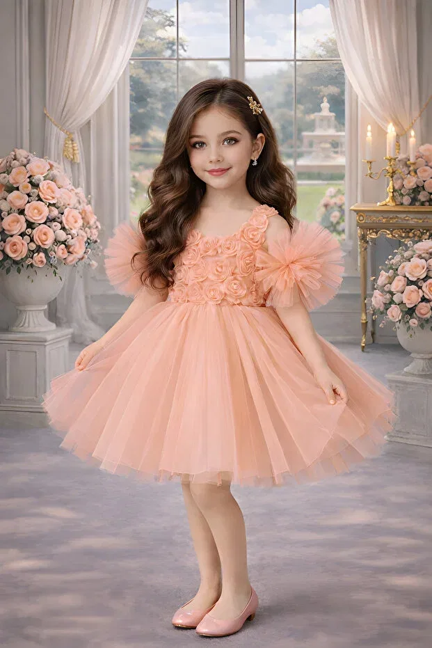 Детское платье для девочек с принтом Pompom sleeves Rumi Kids, Salmon