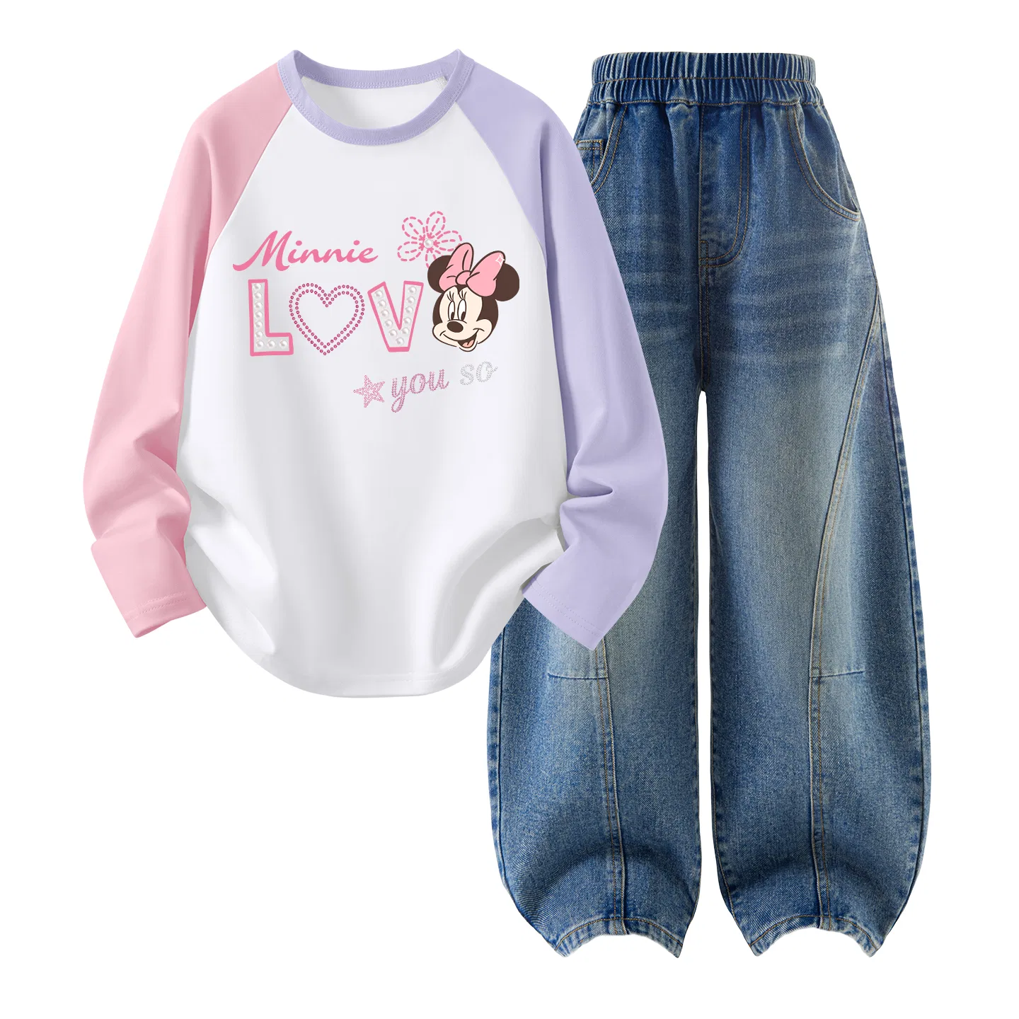 Детский спортивный комплект с круглым вырезом и принтом Di-Zhan Love Pink Purple, джинсовый синий, Disney, Di-Zhan Love Pink Purple+Solid Color Denim Blue