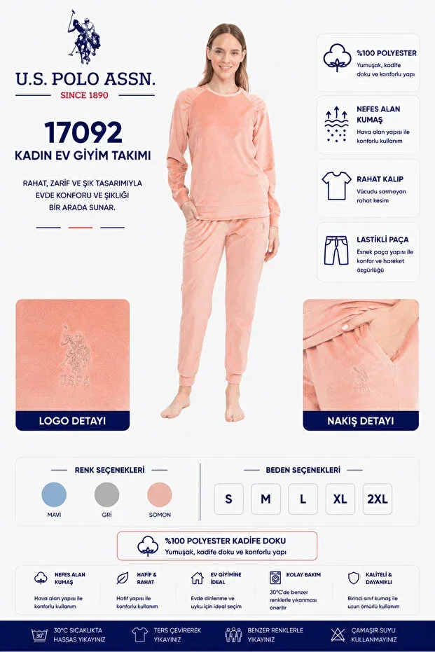 Женский пижамный комплект с длинным рукавом U.S. Polo Assn., Salmon Melanj