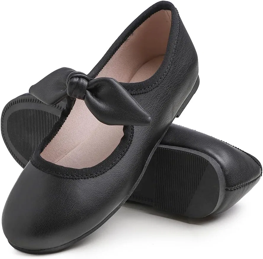 Детские туфли для девочек с пряжкой FEVERSOLE, Vegan Leather Bow Elastic Maryjane Black
