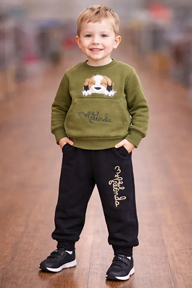 Детский комплект спортивного костюма для мальчиков с принтом Dog Embroidered Kangaroo Pocket Jasminya, Khaki