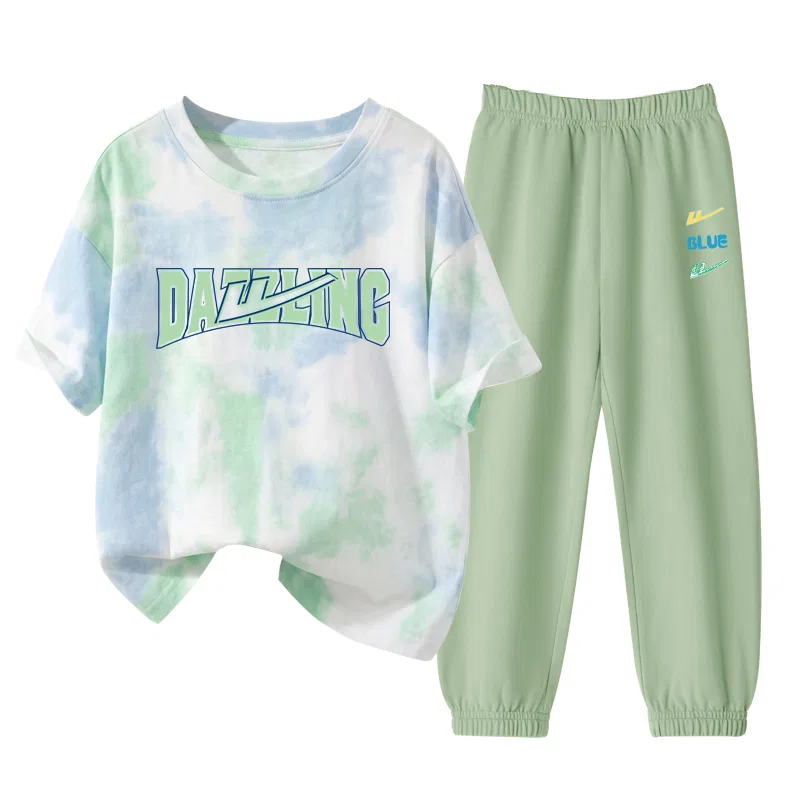 Детский комплект спортивной одежды с круглым вырезом, Casual Sportswear, WARRIOR, Blue Green/H Green Black English-Light Pea Green/H Three-Color K
