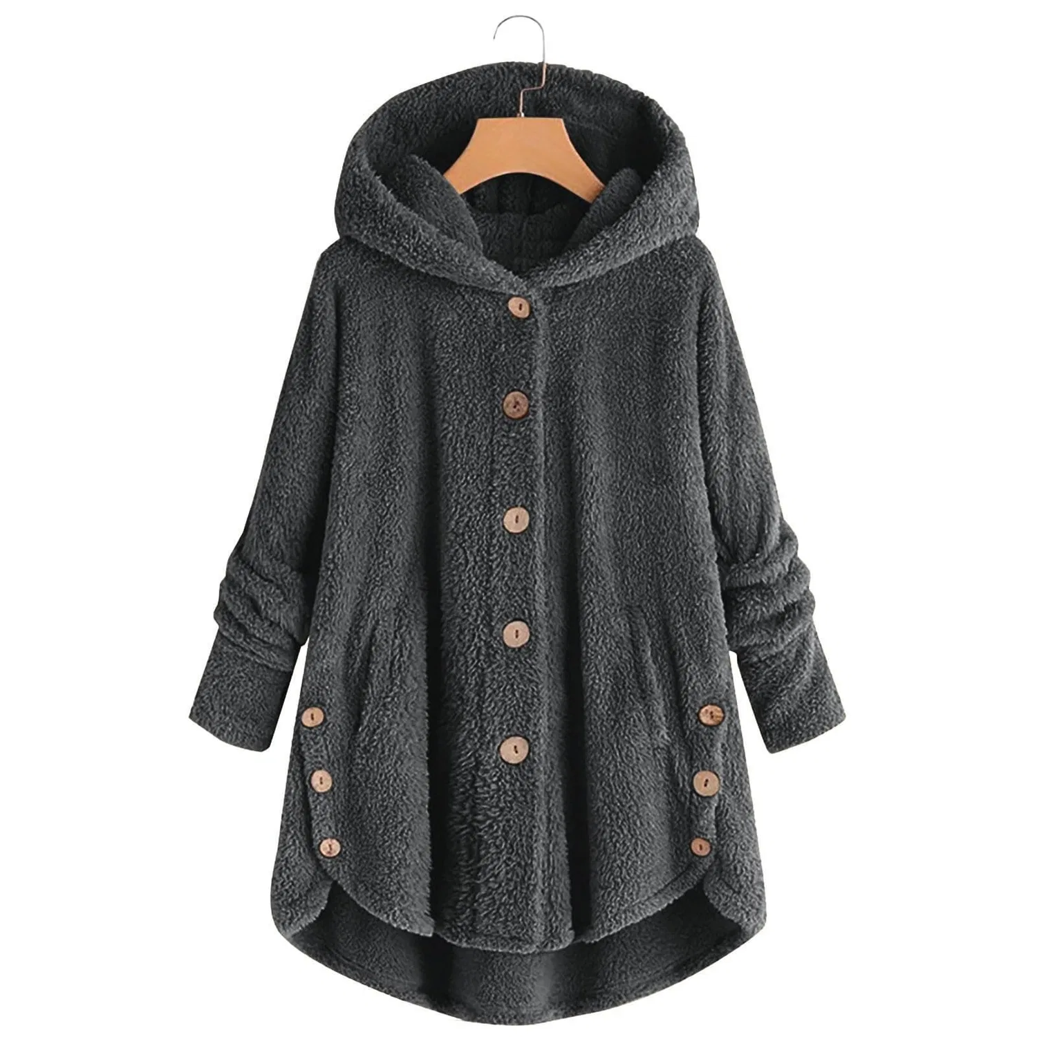 Женское пальто из флиса с капюшоном и принтом, модель Fuzzy Fleece Coat, 01#grigio scuro — фото 2