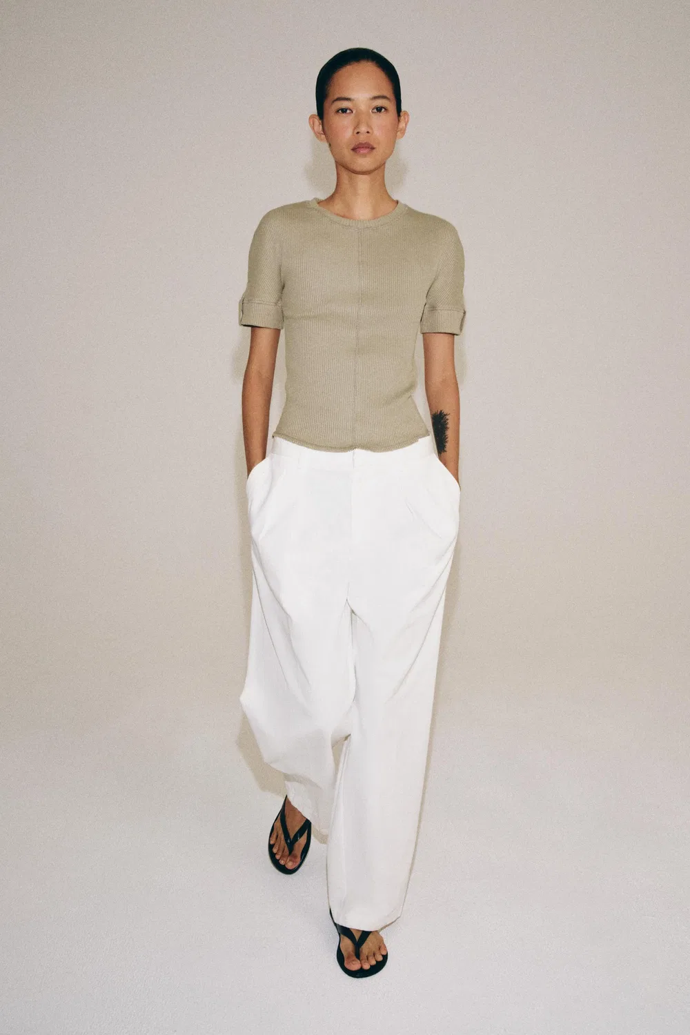 Хлопковая ребристая футболка ZARA, Khaki