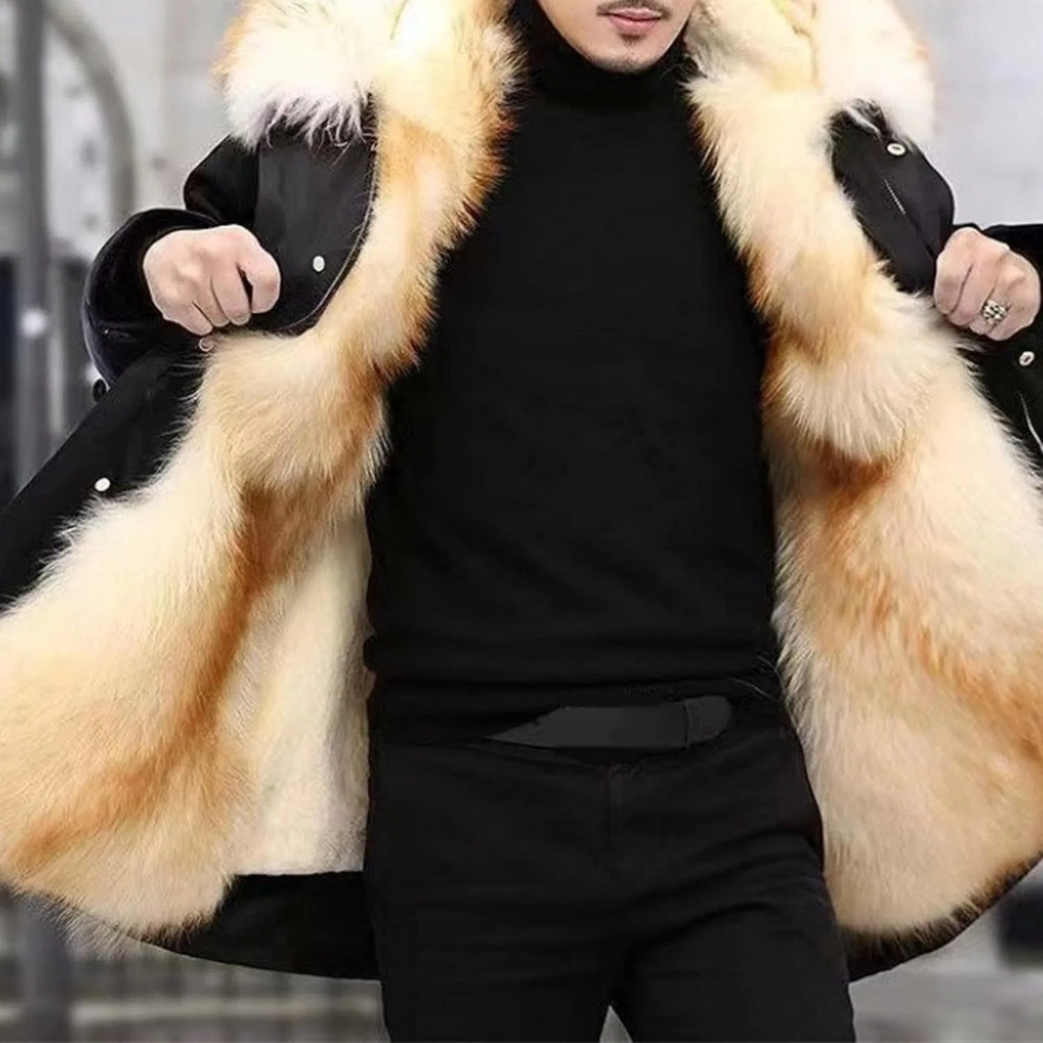 Мужское зимнее пальто из искусственного меха, модель Winter Faux Fur Coats, жёлтый — фото 2