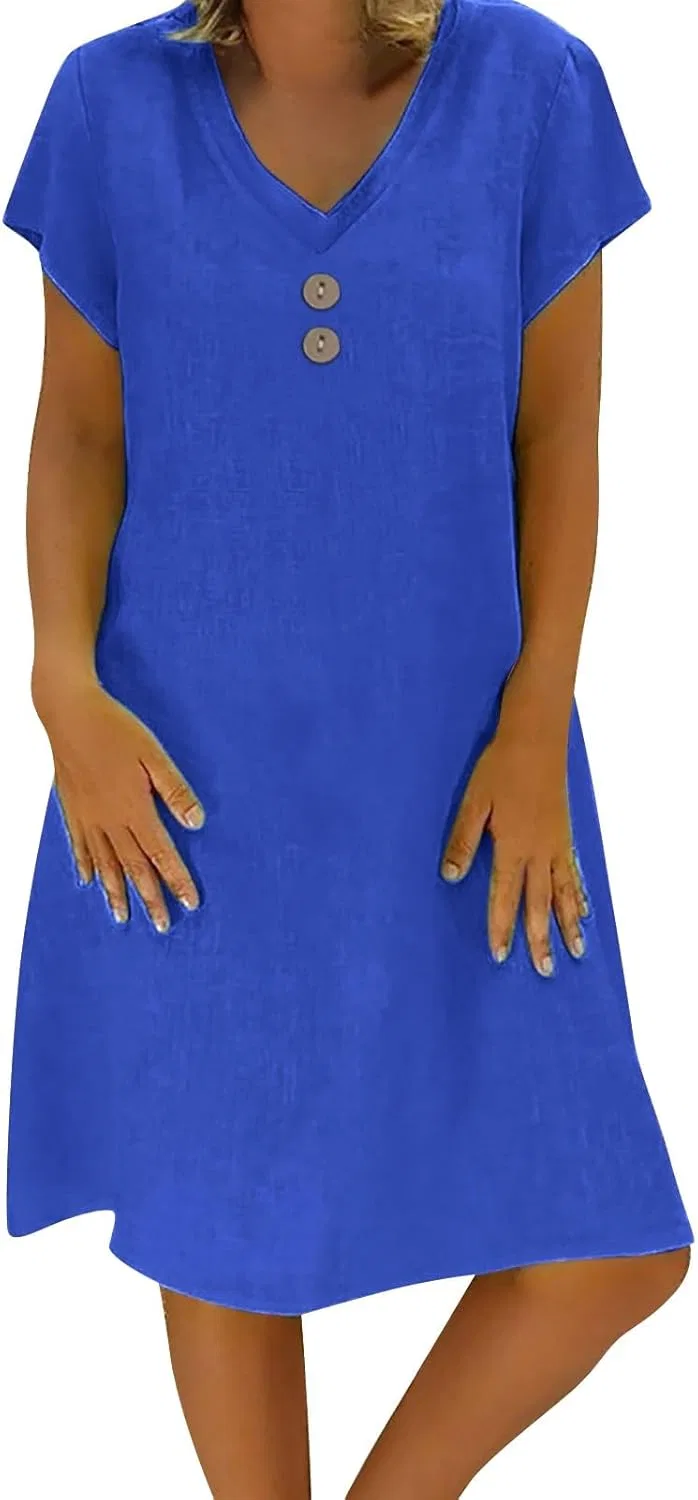 Женское платье миди с V-образным вырезом Cotton Linen, 1e-blue