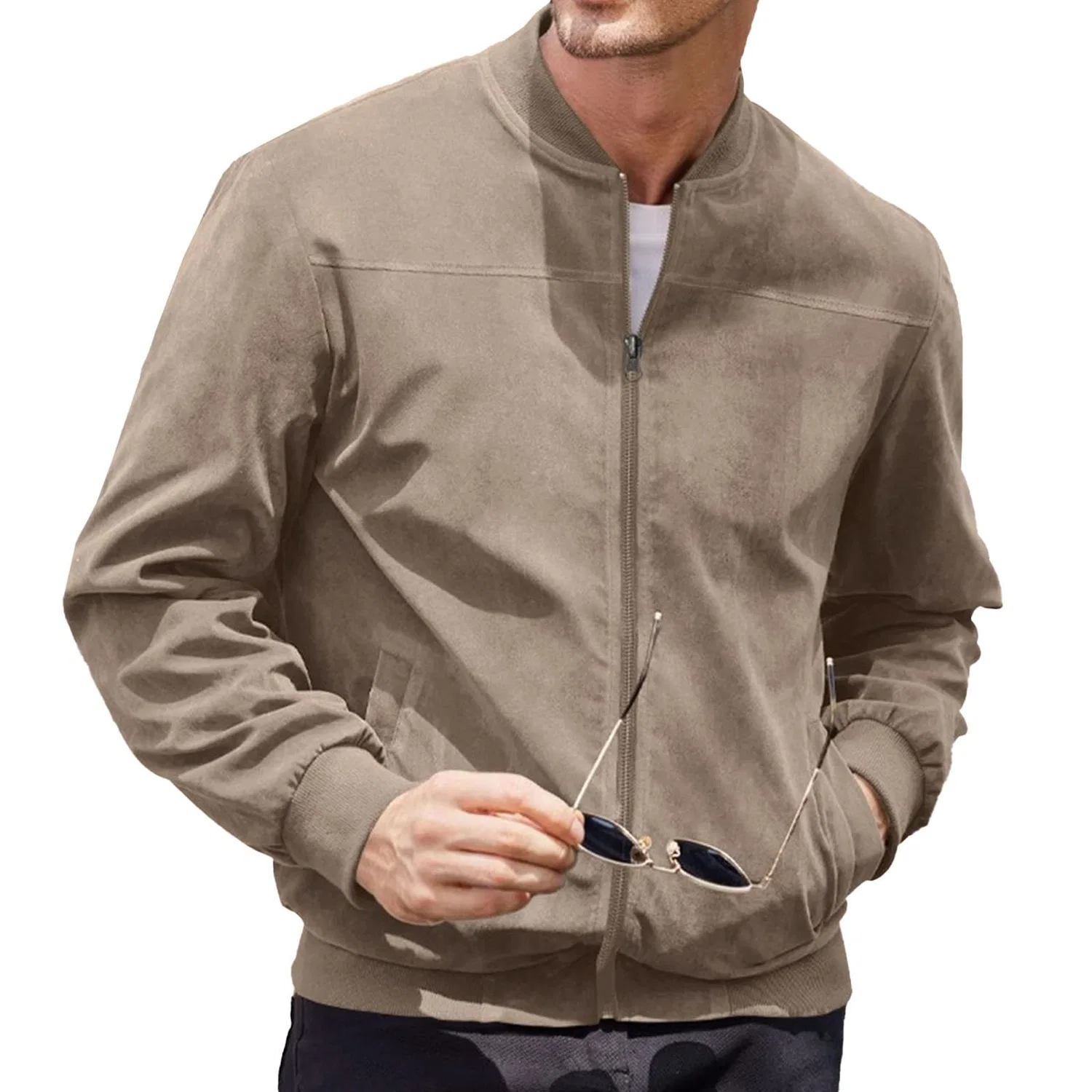 Мужская куртка-бомбер из замши на молнии Vintage Jackets, dark khaki — фото 2