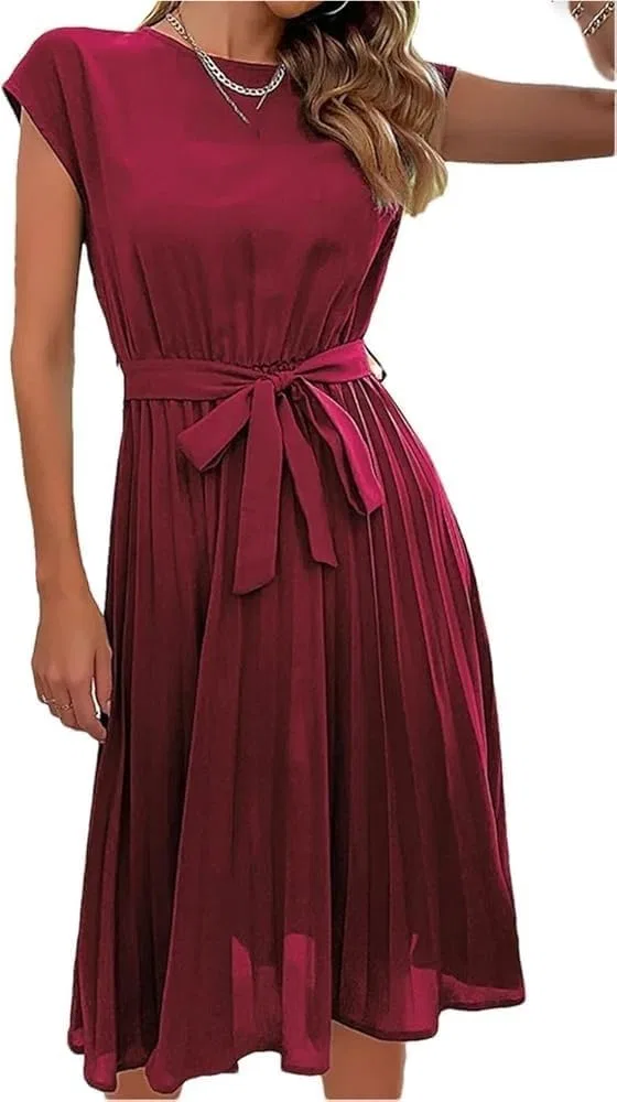 Женское летнее платье миди с плиссировкой O-Neck Solid, Red