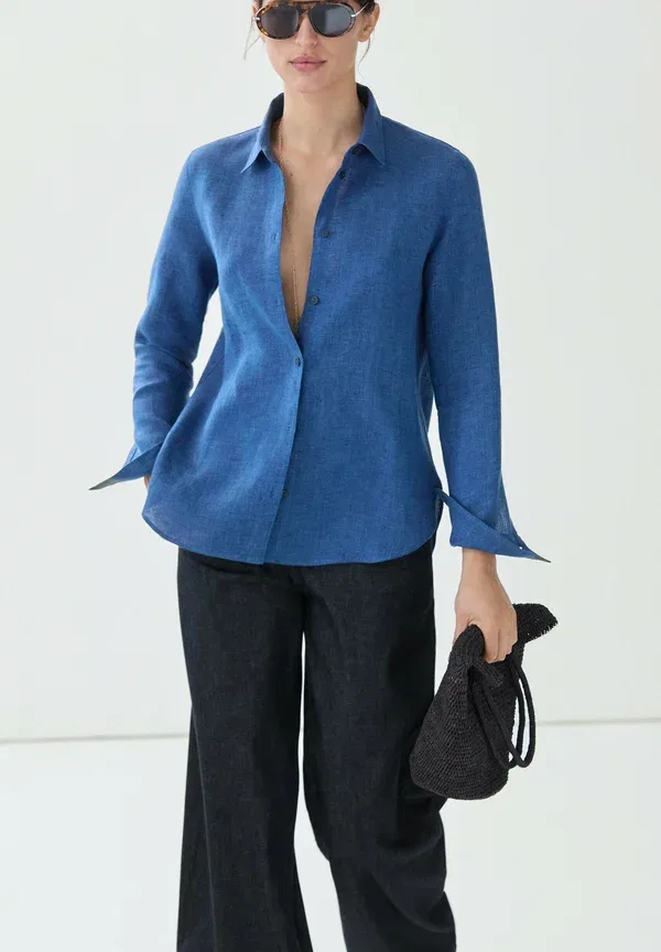 Блузка из льна, Button-down blouse, Massimo Dutti, синий