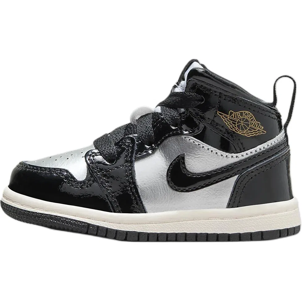 Детские кроссовки для мальчиков кожаные Jordan Air Jordan 1 Mid Top, Black Metallic Silver
