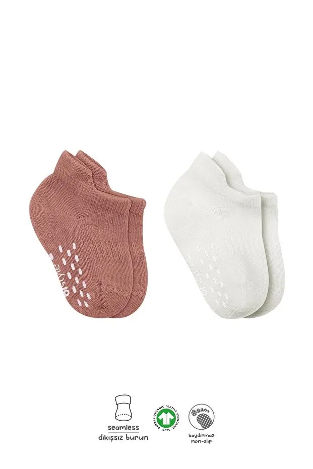 Детские носки для новорожденных хлопковые с принтом Organic baby kids 2-piece colors combed cotton non-slip sneakers socks Bistyle, Powder-Ecru