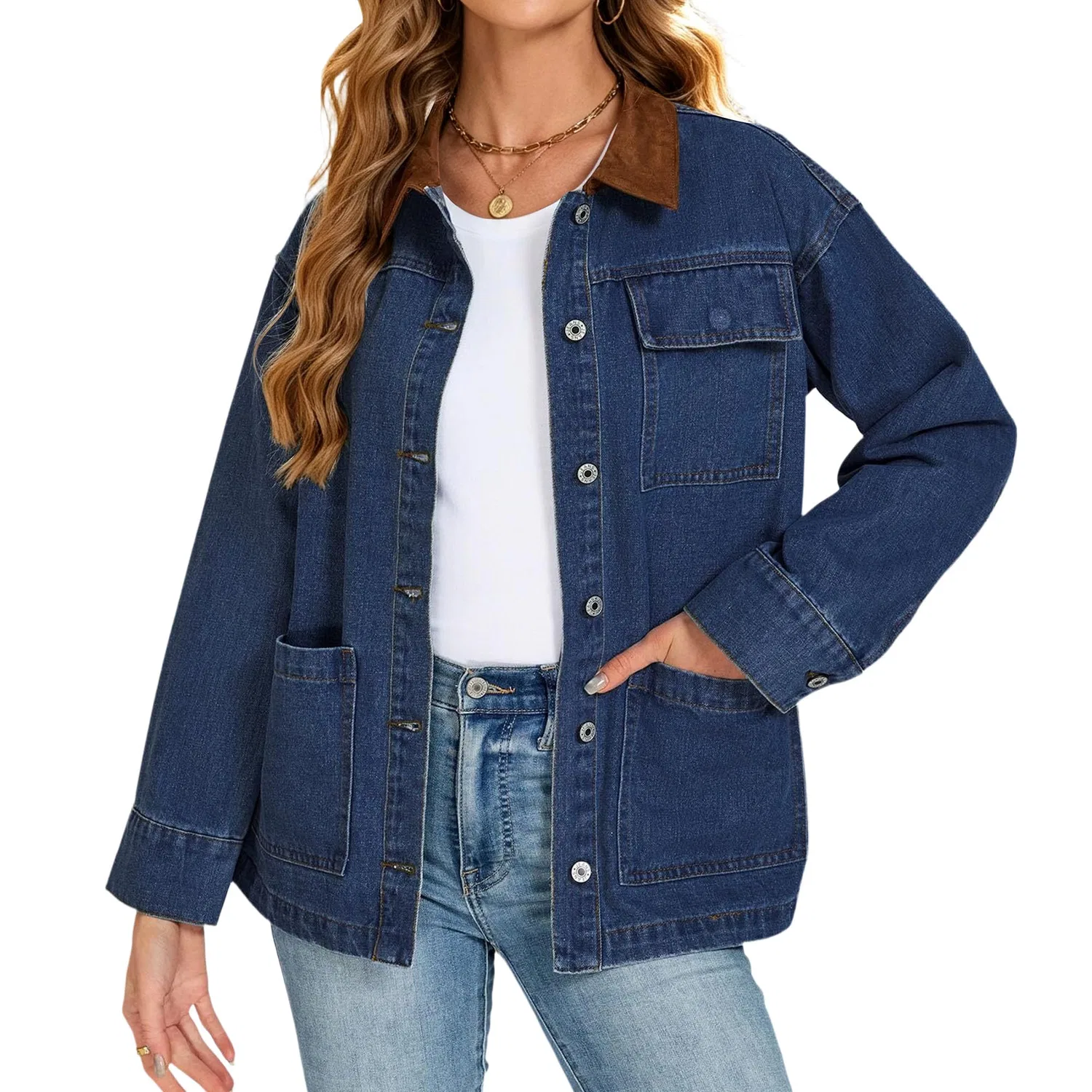 Женское джинсовое пальто oversize с контрастным воротником, осеннее, Blu