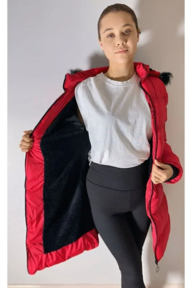 Детское зимнее пальто-пуховик для девочек с длинным рукавом Free Arslan Collection, Red — фото 4