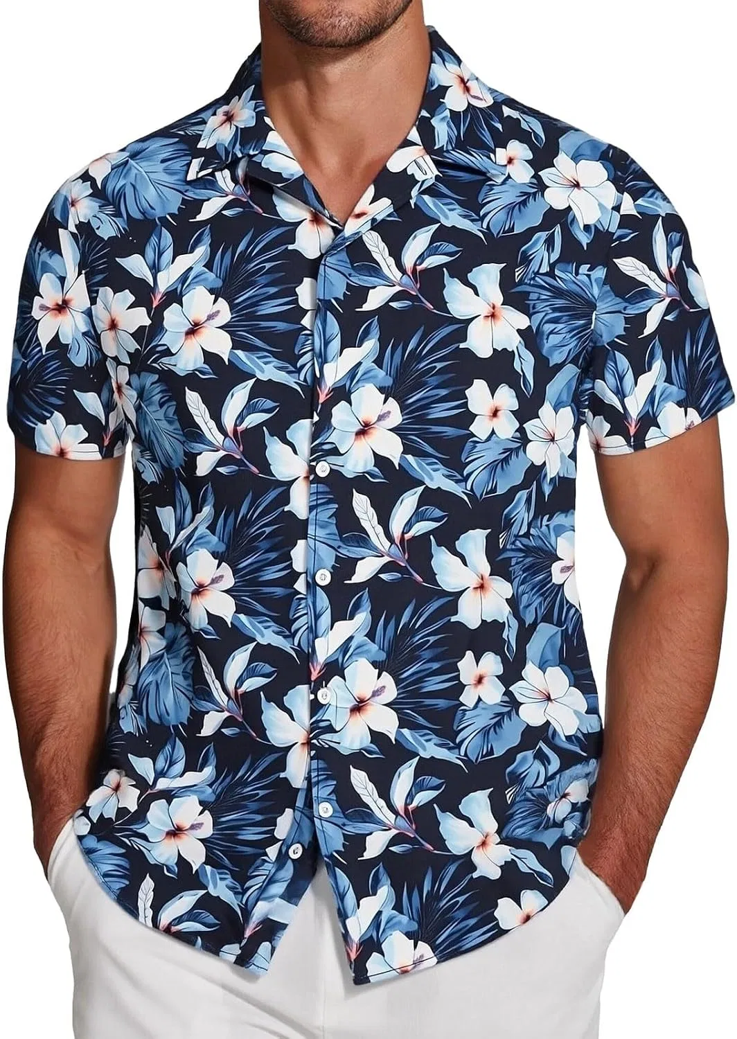 Мужская рубашка с коротким рукавом, с принтом, Hawaiian Shirt, тёмно-синий