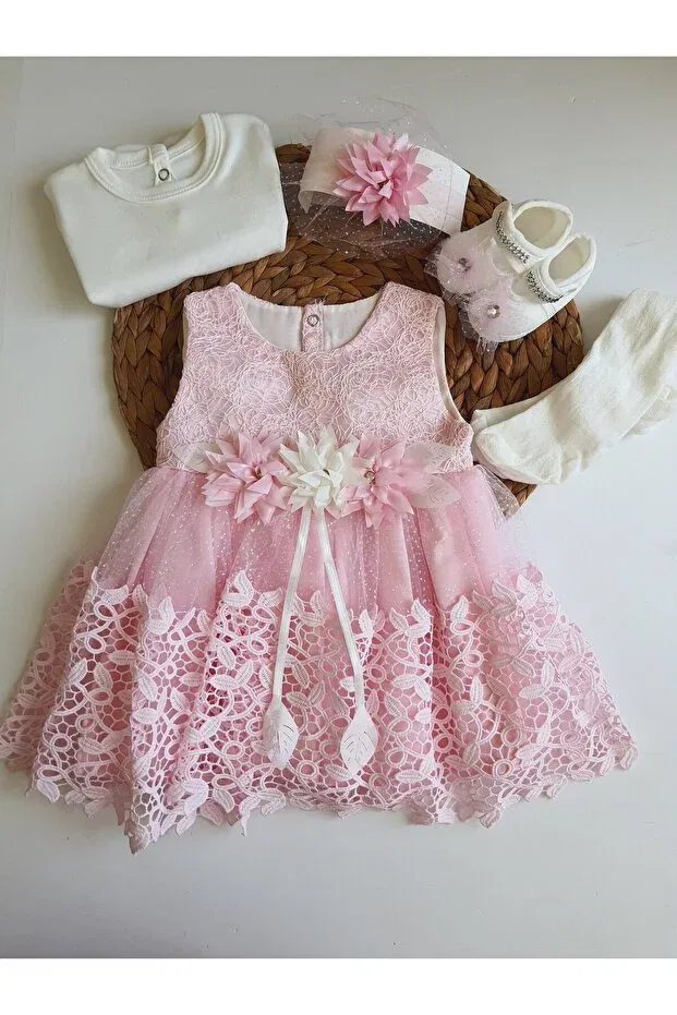 Детский комплект для девочек кружевной Mevlüt Dress Pileki Baby, Pink