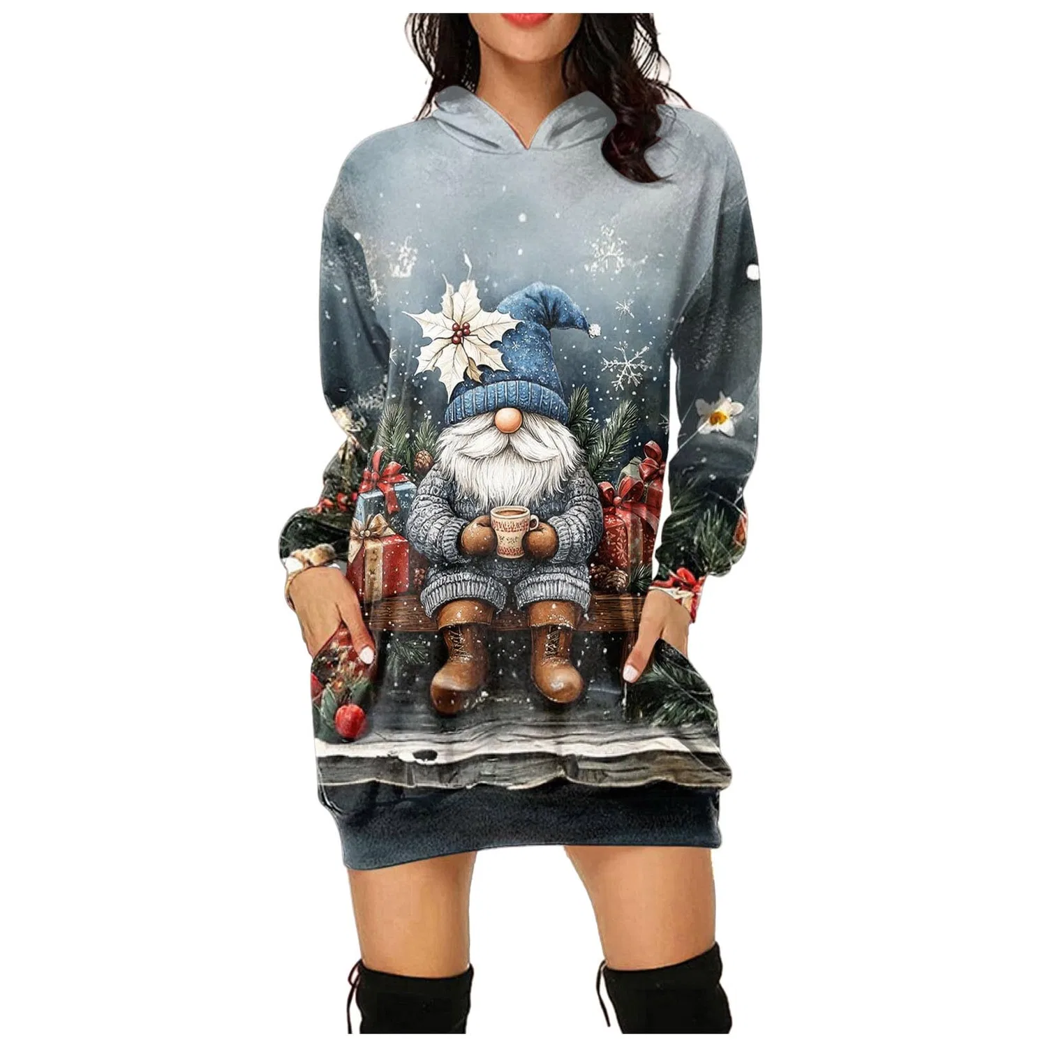 Женское худи с капюшоном с принтом Reindeer Snowman, dark blue