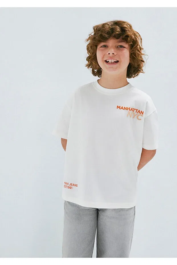 Детская футболка для мальчиков с принтом Kedi sırt printed ecru t-shirt oversized / wide cut 6610408-70057 Mavi, Ecru — фото 2