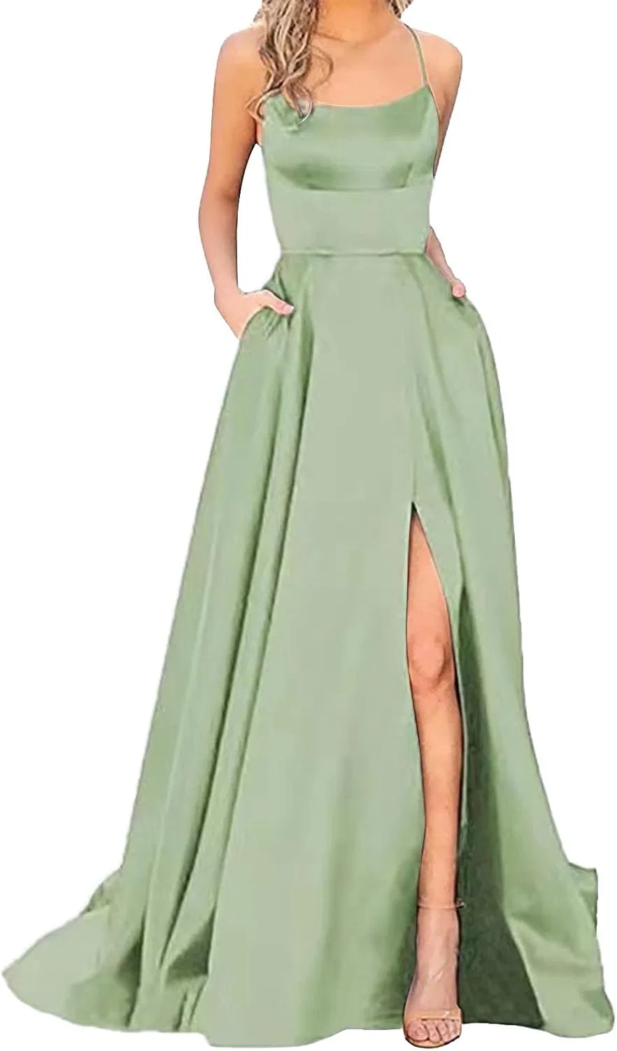Женское длинное платье на бретелях с карманами Satin Halter, Green
