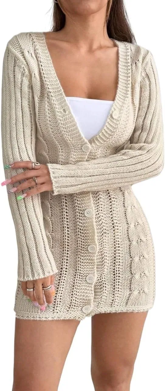 Женское вязаное платье с глубоким V-вырезом, Beige