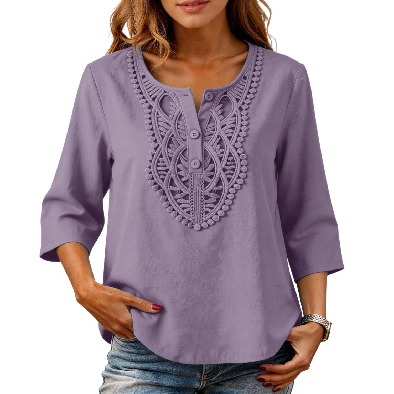 Женская льняная туника с вышивкой Retro 3/4 Sleeve Boho Casual Loose Fit Lightweight Summer Beach Blouse, A-purple — фото 2