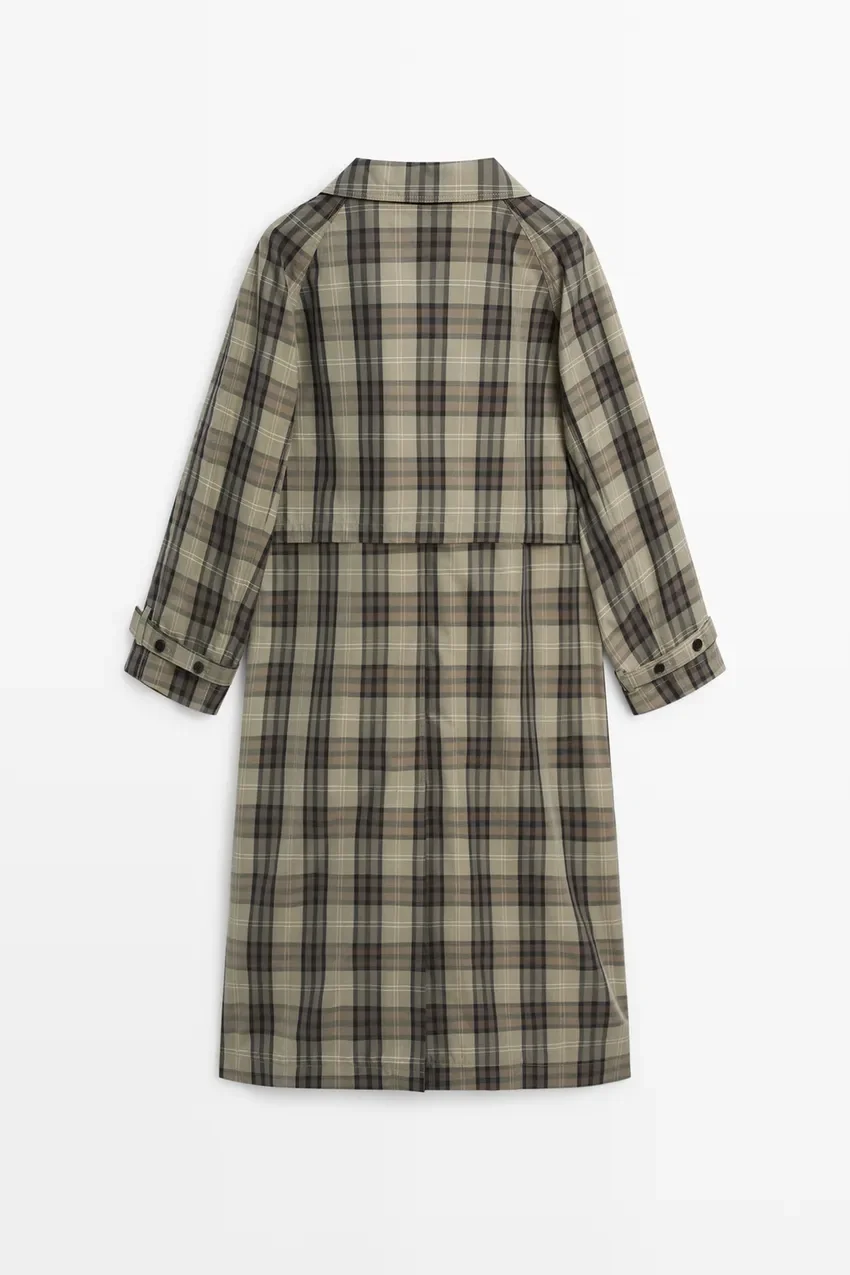 Пальто Massimo Dutti Long Cotton Blend Plaid Trench, зеленый/коричневый — фото 3