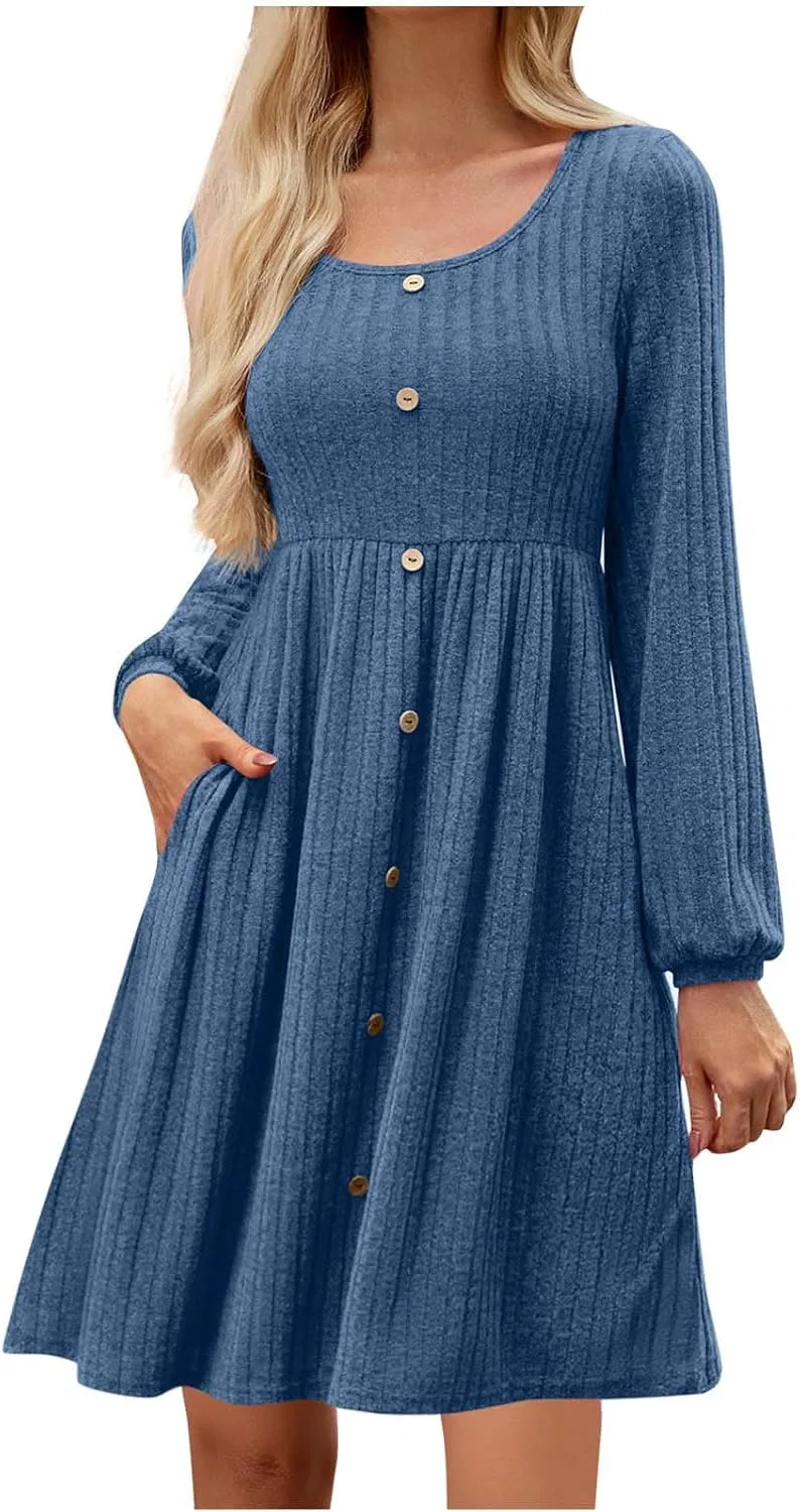 Женское платье-свитер с длинным рукавом и пуговицами, Knee-Length, Blue