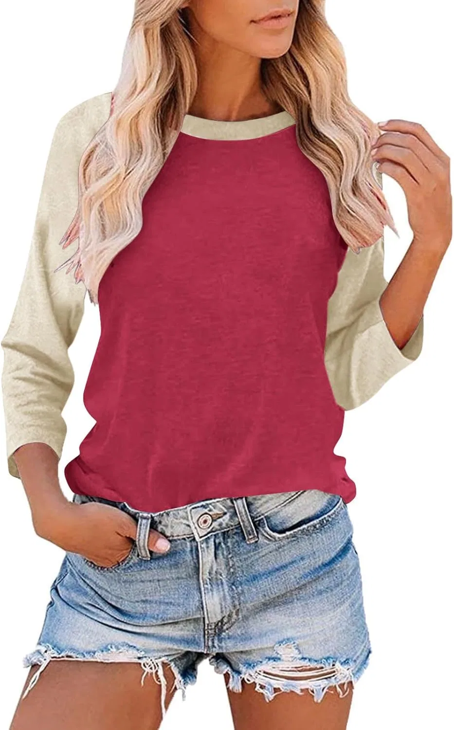 Женская футболка с рукавом 3/4 Color Block Raglan Tshirt, Red-3