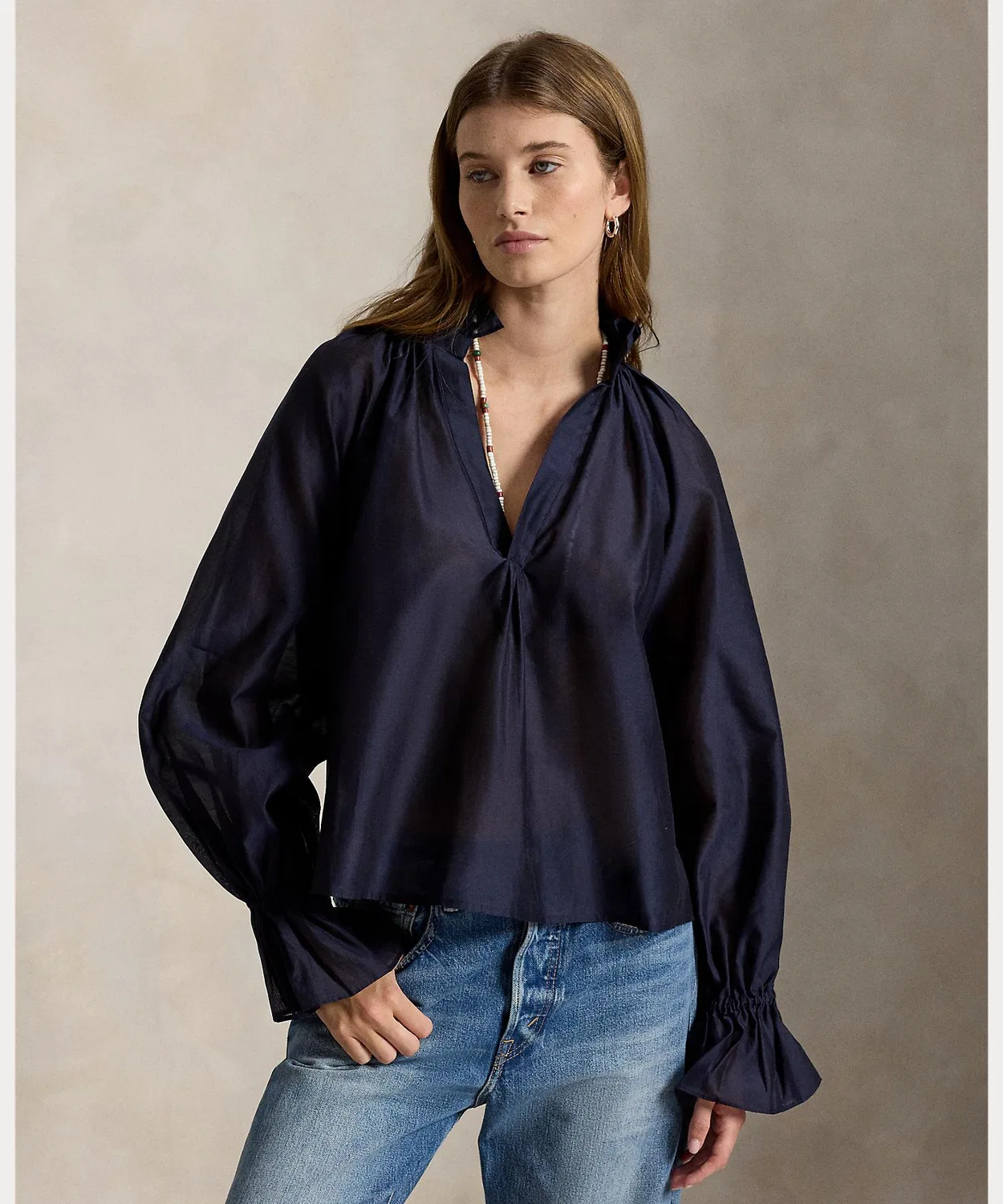 Женская рубашка из хлопка и шелка с воротником-стойкой POLO RALPH LAUREN, Blue